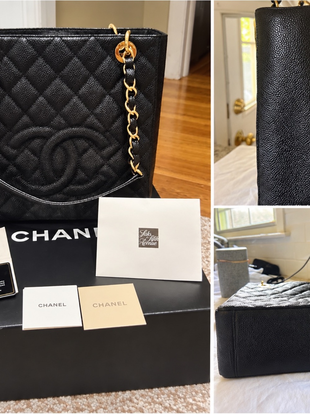 CHANEL Black Quilted Caviar Leather Tote with Gold Chain